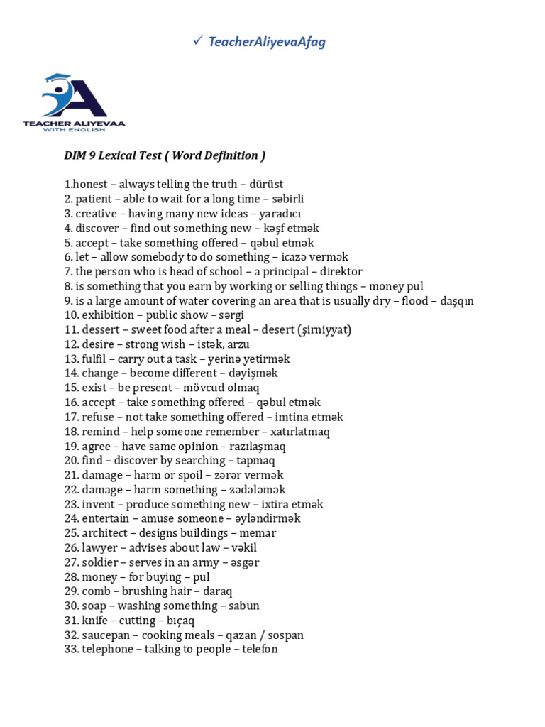 DIM 9 Lexical Test: Word Definitions | PDF