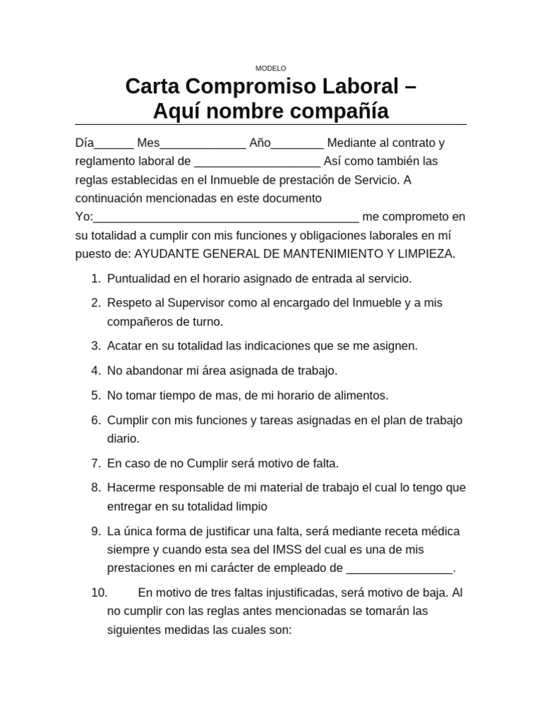 Carta de Compromiso Laboral y Asistencia | PDF
