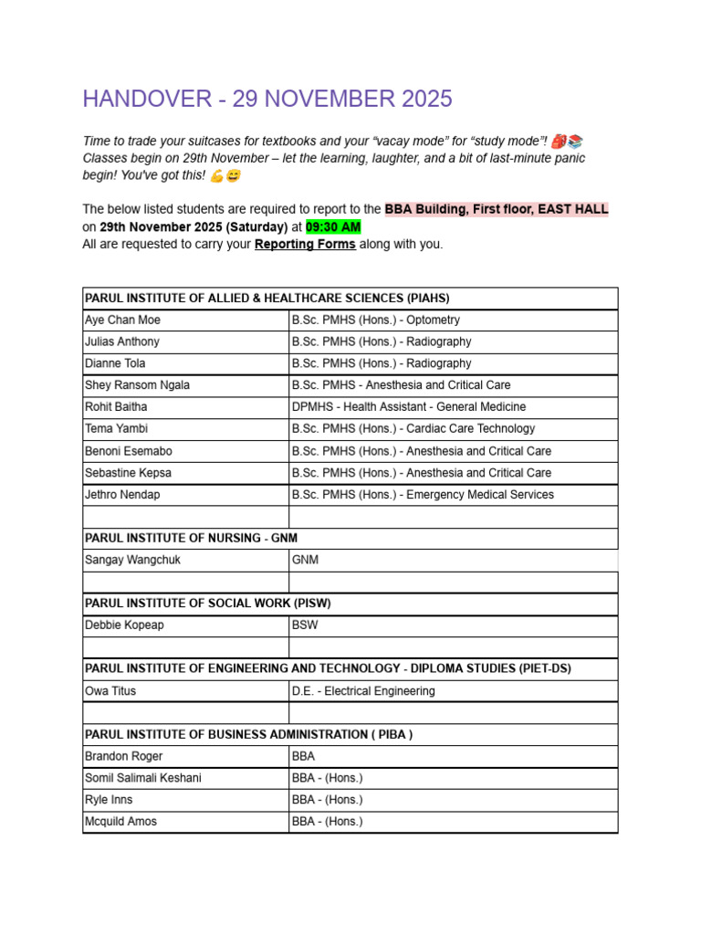 Handover - 29 November 2025 | PDF | Engineering | Academic Degree