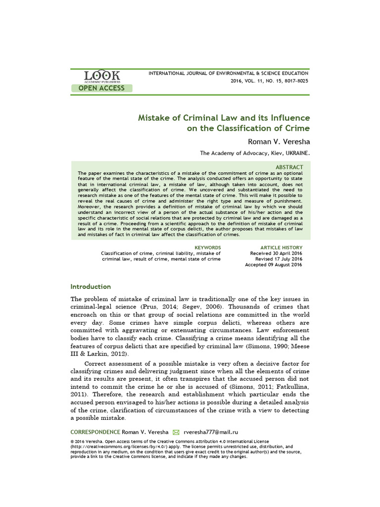 Veresha Mistake of Criminal Law | PDF | Crimes | Crime & Violence