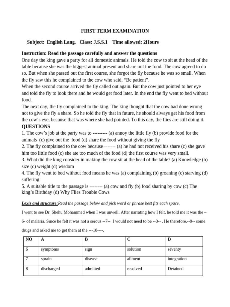 J.S.S. English Exam: First Term Questions | PDF | Linguistics