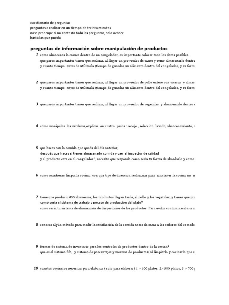 barajar Posibilidades malla Preguntas para Un Jefe de Cocina | PDF | Carne | Arroz