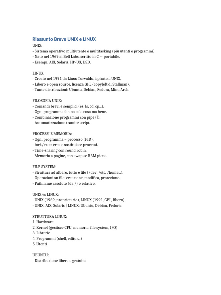 Riassunto Breve UNIX LINUX | PDF