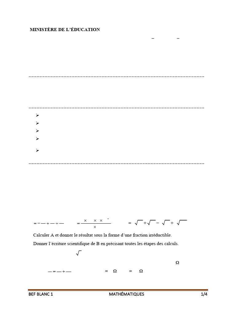 Épreuve de Mathématiques BEF Blanc 9e | PDF | Mathématiques