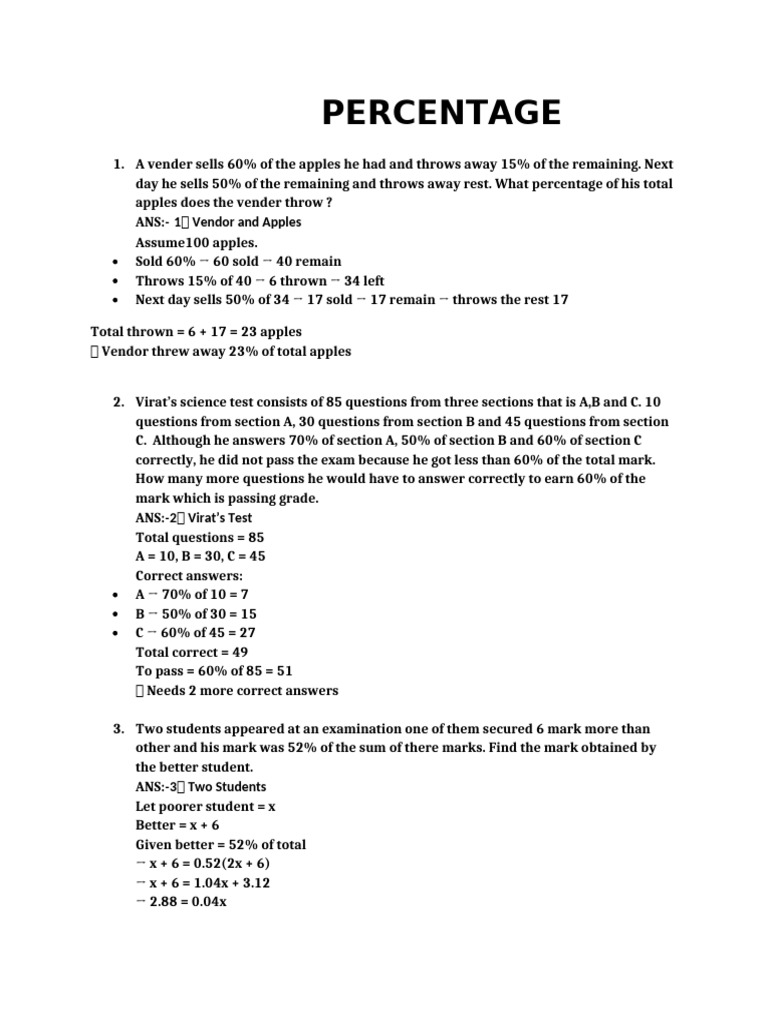 Percentage Problems and Solutions | PDF