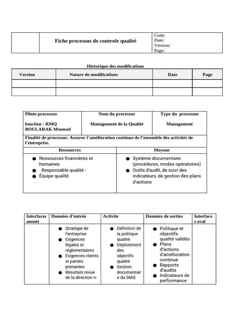Fiche de Processus de Contrôle Qualité | PDF | Business