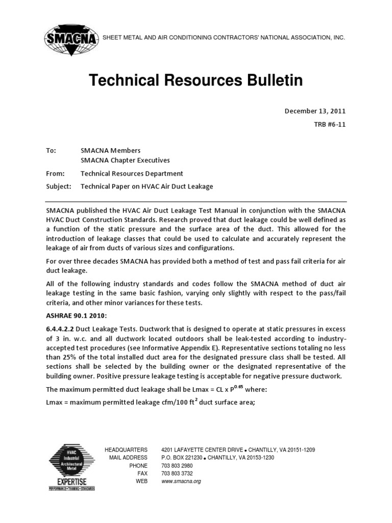 Smacna Duct Leakage Test Duct (Flow) Hvac