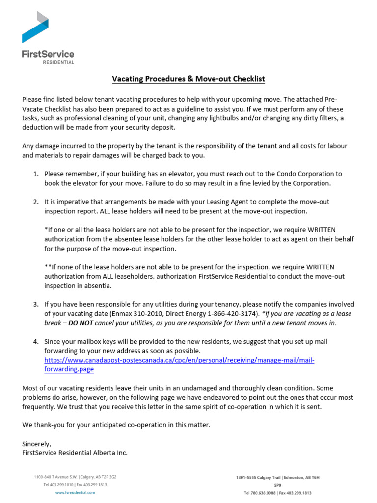 Vacating Procedures & Move-out Checklist | PDF | Leasehold Estate | Lease