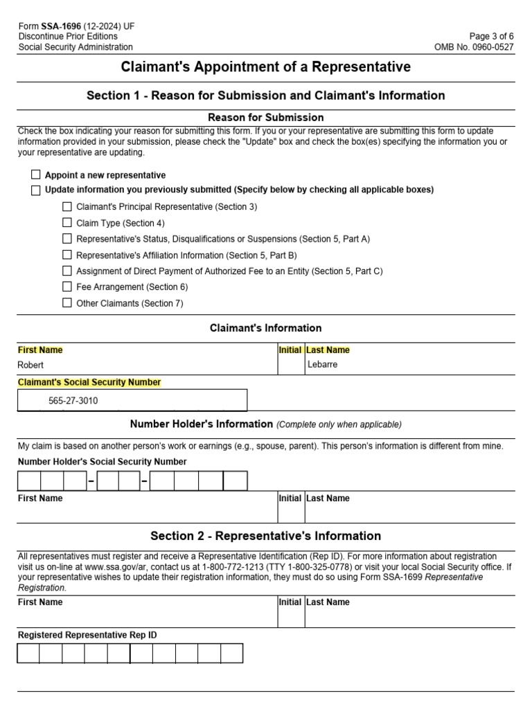 SSA-1696: Appointment of Representative Form | PDF | Supplemental ...