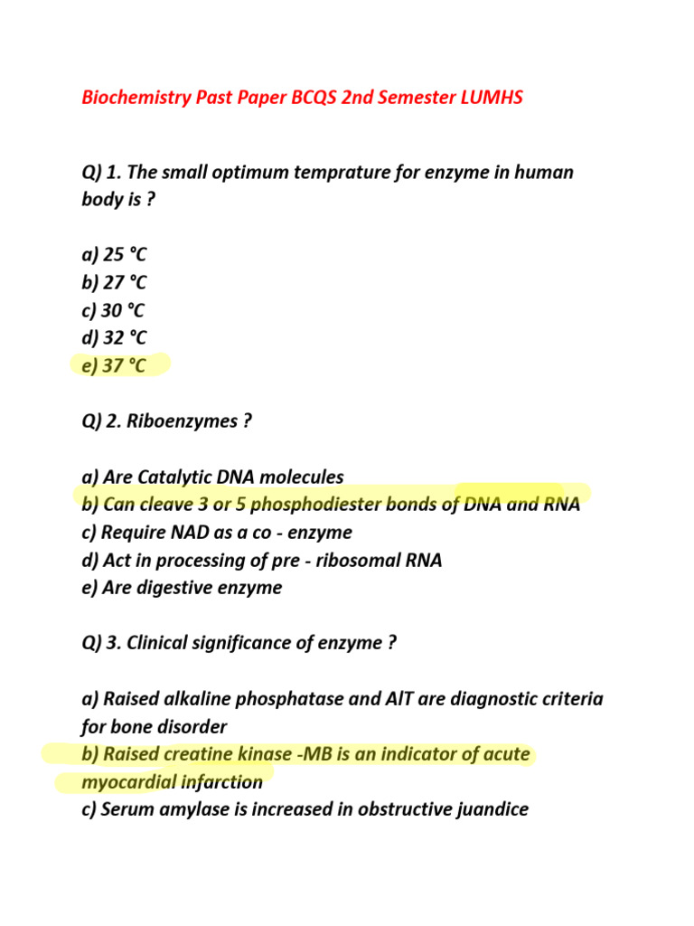 Biochemistry Past Paper LUMHS 2nd Sem | PDF | Cholesterol | Enzyme