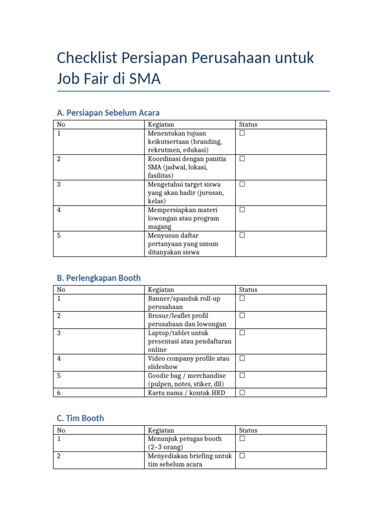 Checklist Job Fair untuk Perusahaan | PDF