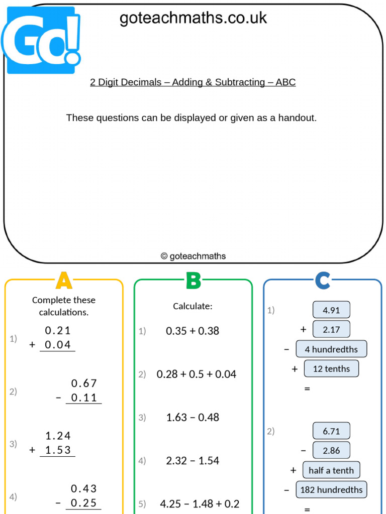 2 Digit Decimals Adding Subtracting ABC | PDF
