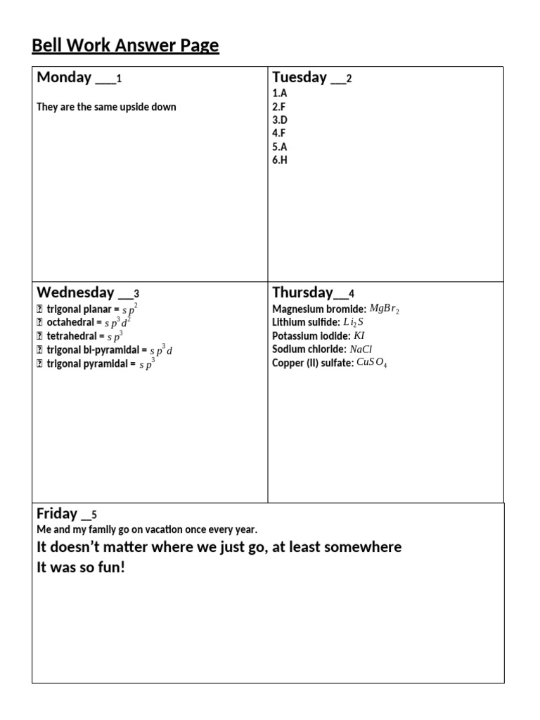 Weekly Bell Work Answers | PDF