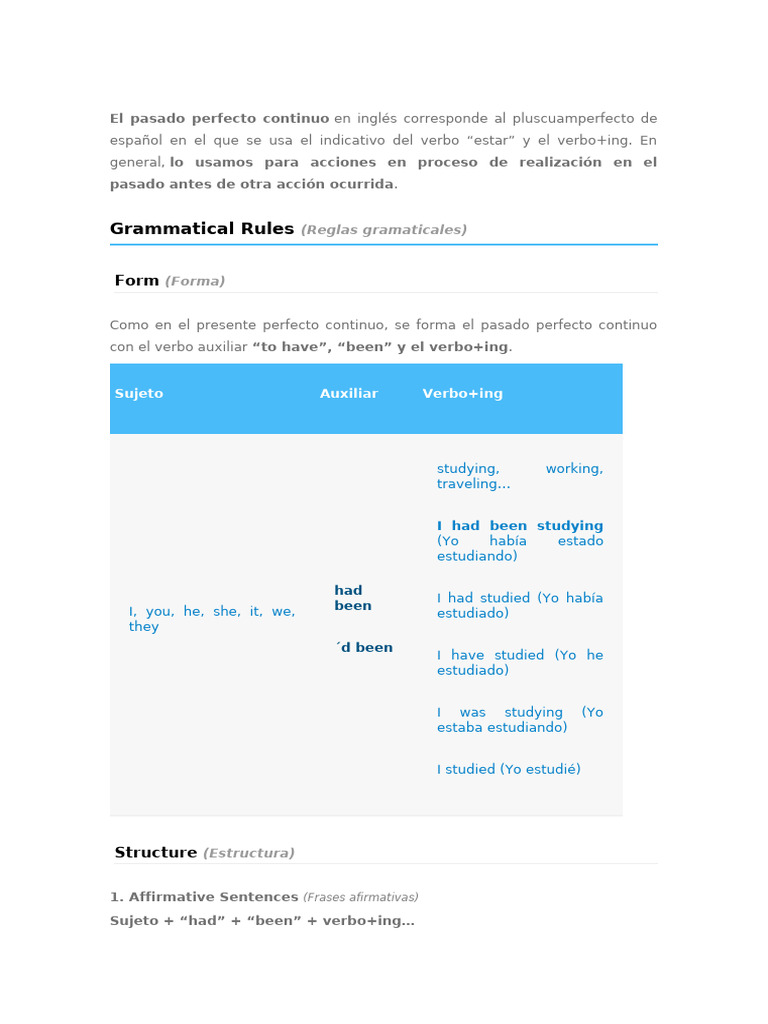 Pasado Perfecto Continuo en Inglés | PDF | Sintaxis | Unidades Semánticas