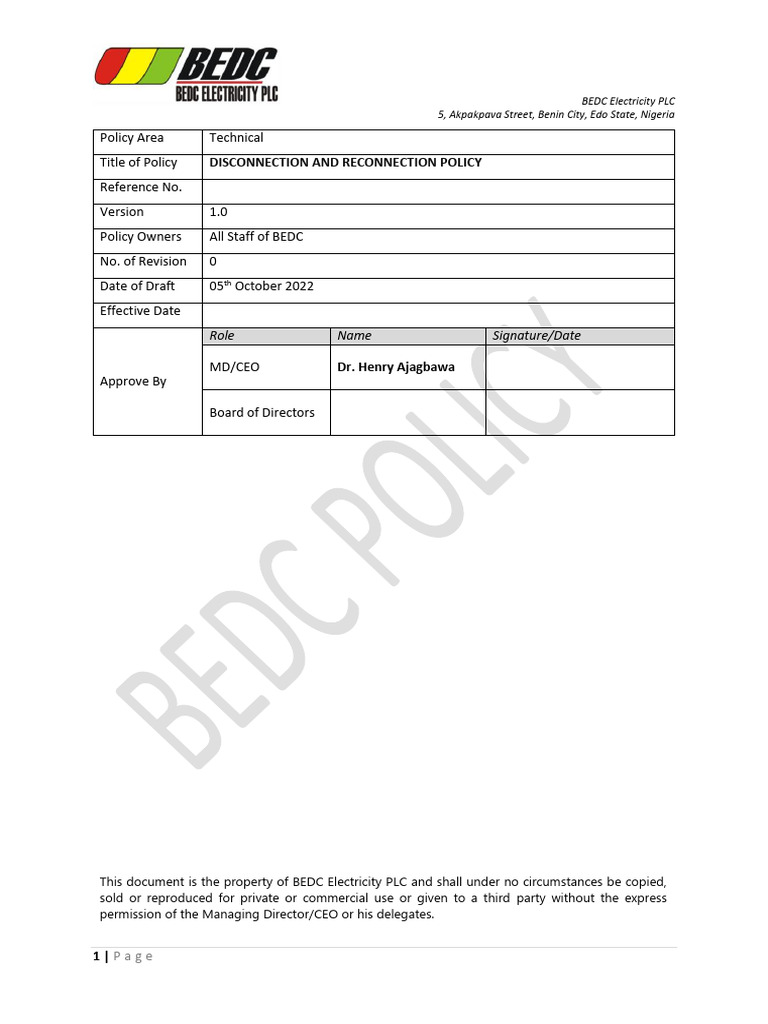 BEDC Disconnection & Reconnection Policy | PDF | Payments