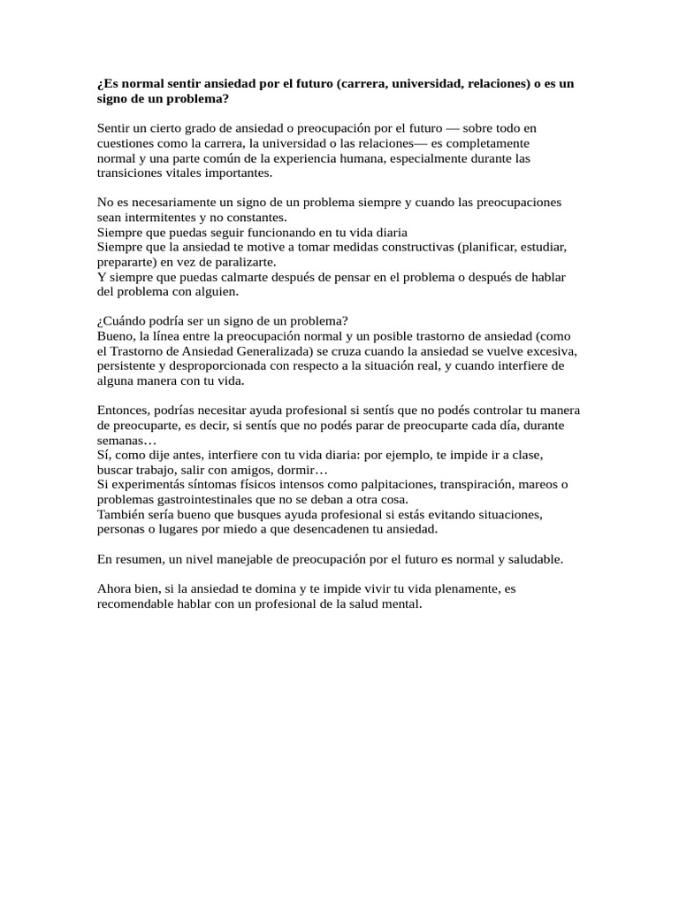 Es Normal Sentir Ansiedad Por El Futuro o Es Signo de Un Problema | PDF