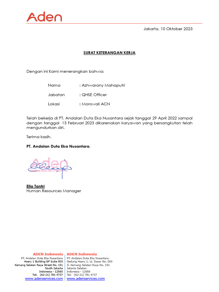 Reference Letter Azhwarany Mahaputri MOR ACN | PDF