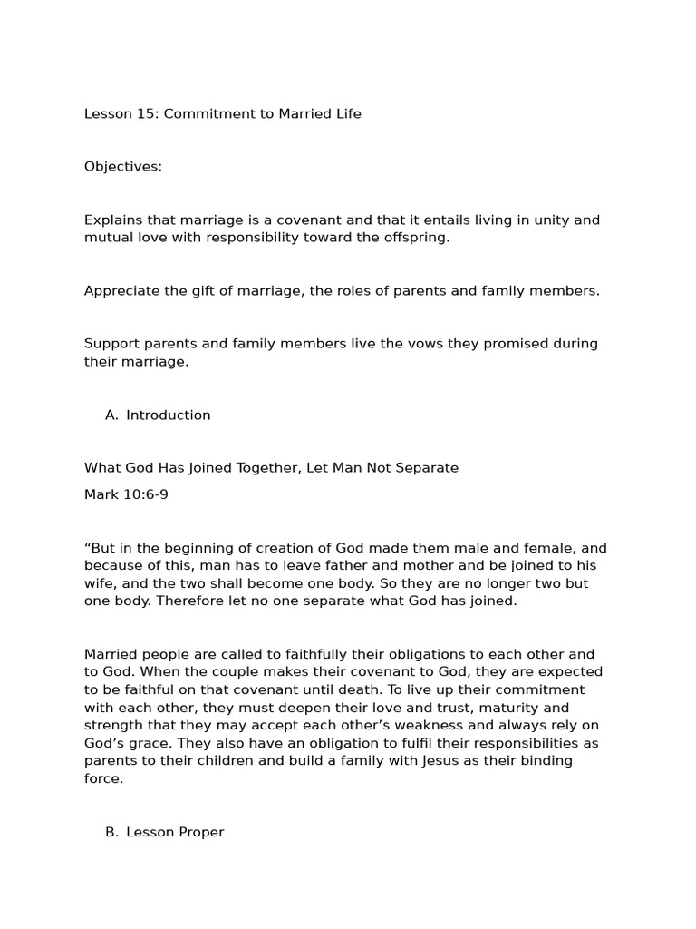 Lesson 15 Commitment To Married Life | PDF | Marriage | Love