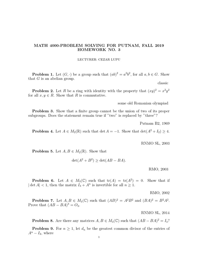 Hw3 Math 4000 Problem Solving For Putnam Fall 2019 Ttu | PDF ...