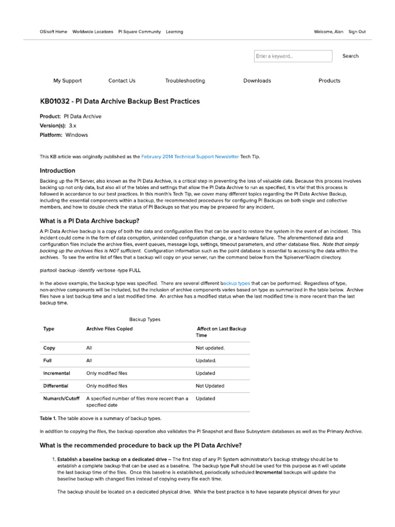 KB01032 - PI Data Archive Backup Best Practices | PDF