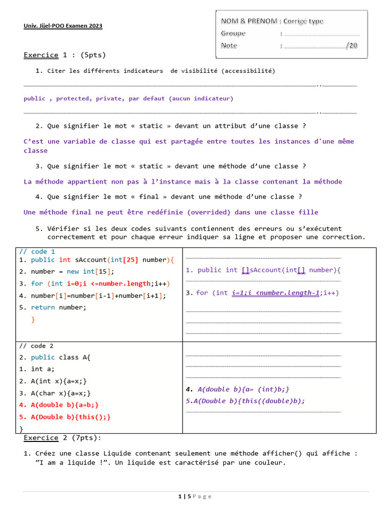 Examen POO 2023 : Concepts Java et Classes | PDF