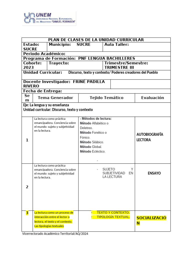 Plan de Clases: Discurso y Lectura 2023 | PDF | Comunicación humana ...