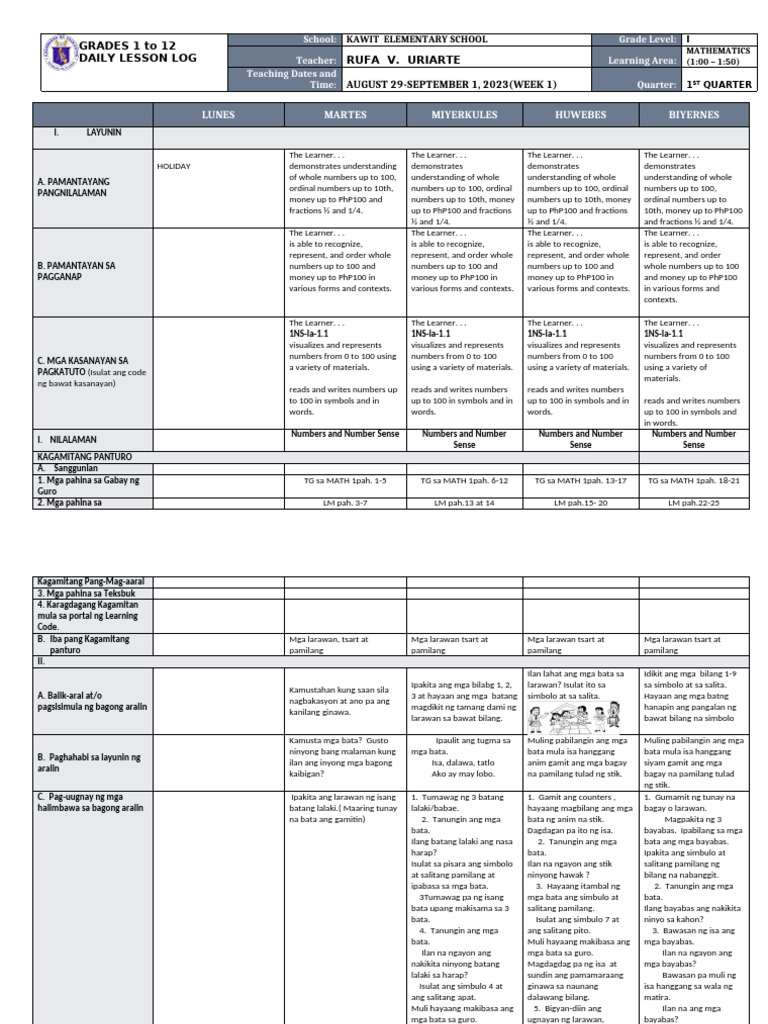 DLL - Mathematics 1 - Q1 - W1 | PDF