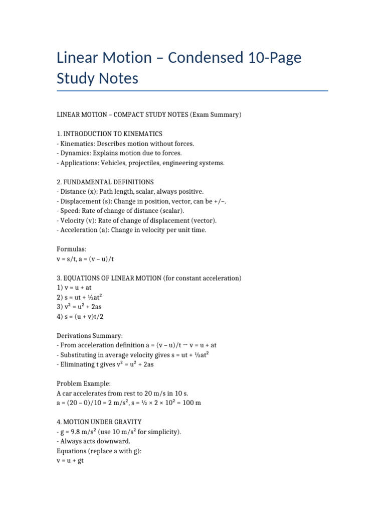 Linear Motion Condensed Notes | PDF | Acceleration | Velocity