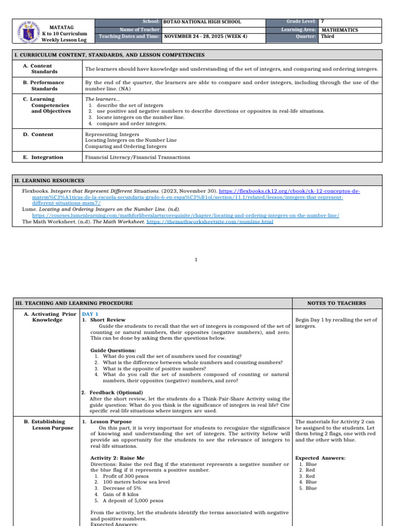 Grade 7 Math: Comparing Integers Lesson | PDF | Numbers | Learning
