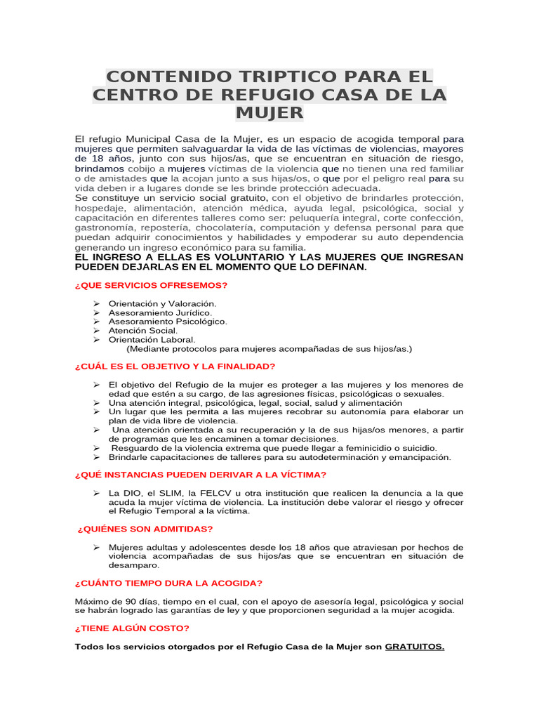 Refugio Casa de la Mujer: Apoyo Integral | PDF | Violencia | Mujer