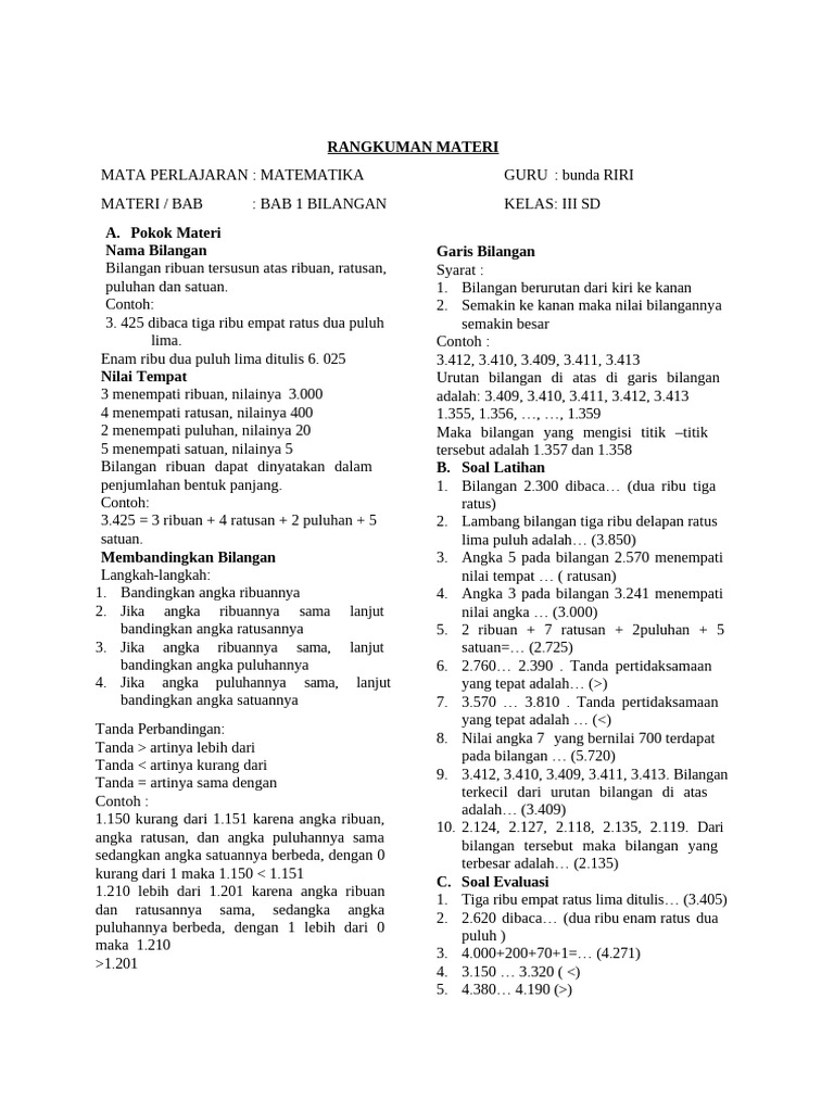 528856111 Rangkuman Materi Matematika Kelas 3 Sd | PDF