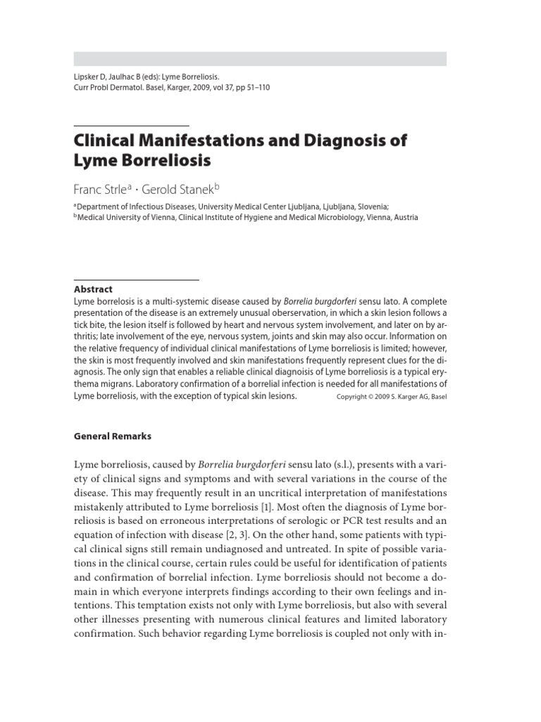 Clinical Manifestations and Diagnosis of Lyme Boreliosis Lyme Disease