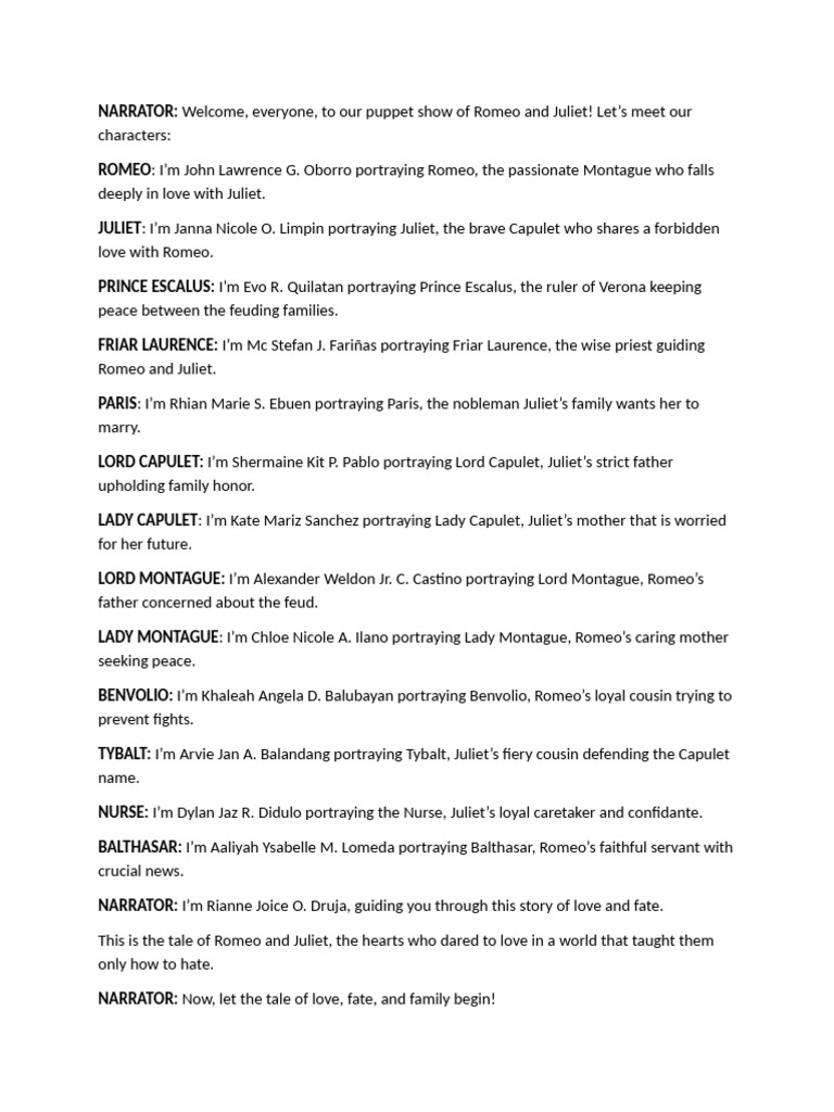 Puppet Show: Romeo and Juliet Cast | PDF | Characters In Romeo And ...