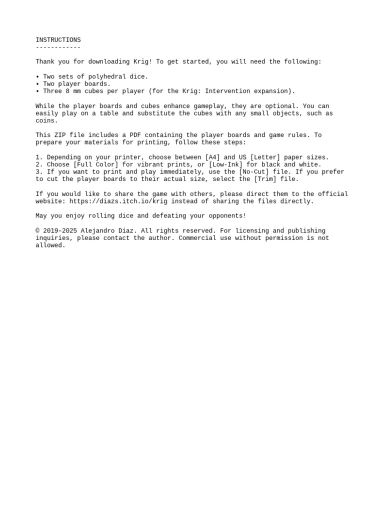 Krig Game Setup and Printing Guide | PDF