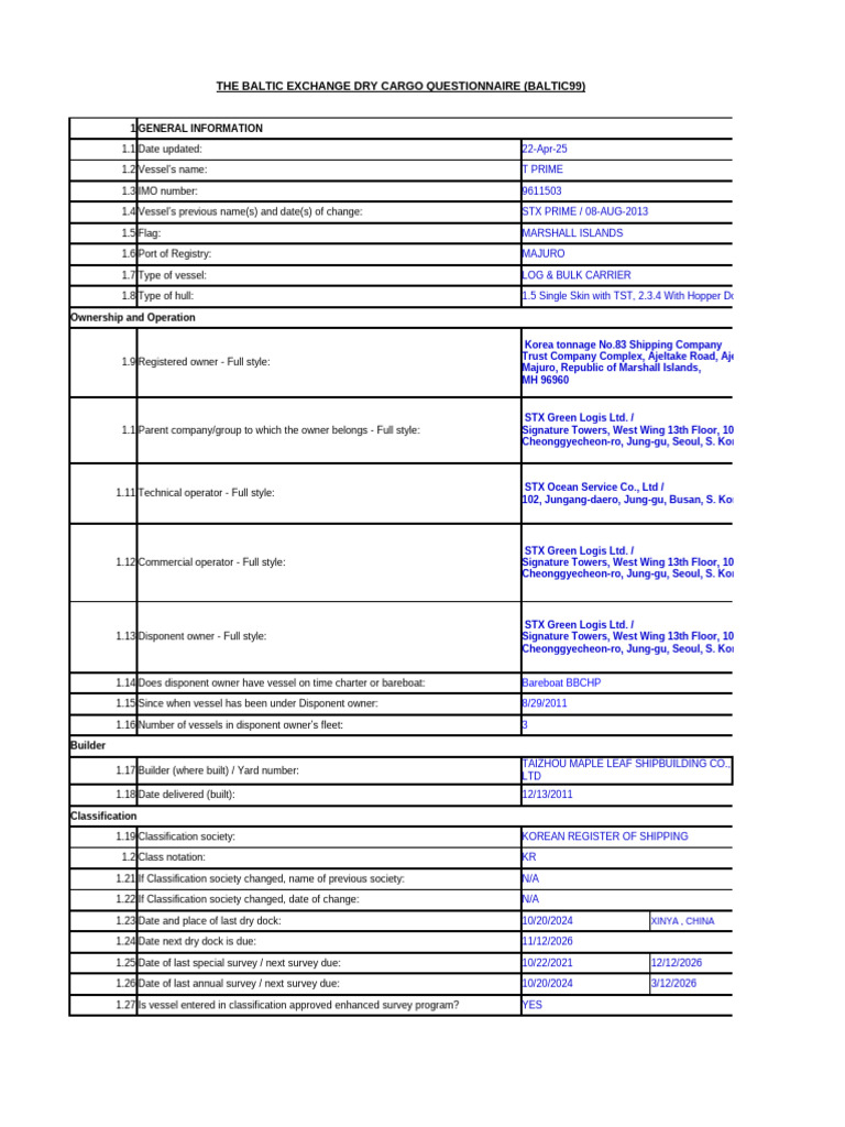 Baltic99 Dry Cargo Questionnaire for T Prime | PDF | Tonnage | Crane ...