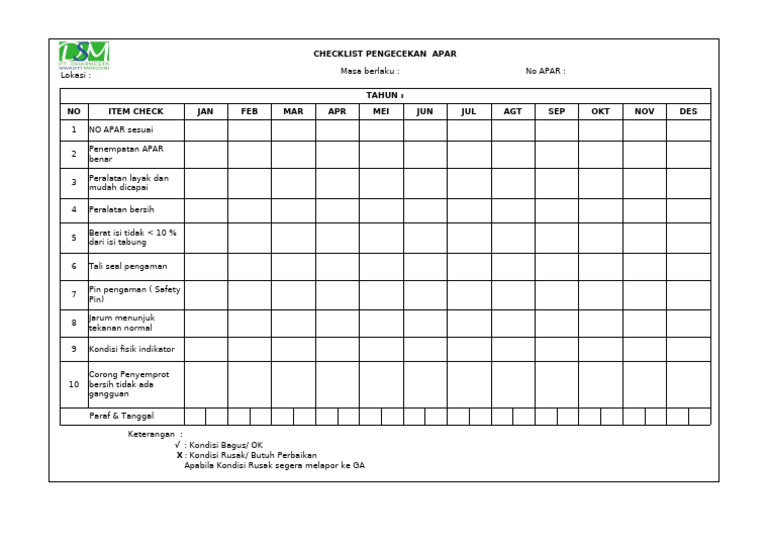 Checklist Pengecekan APAR Bulanan | PDF
