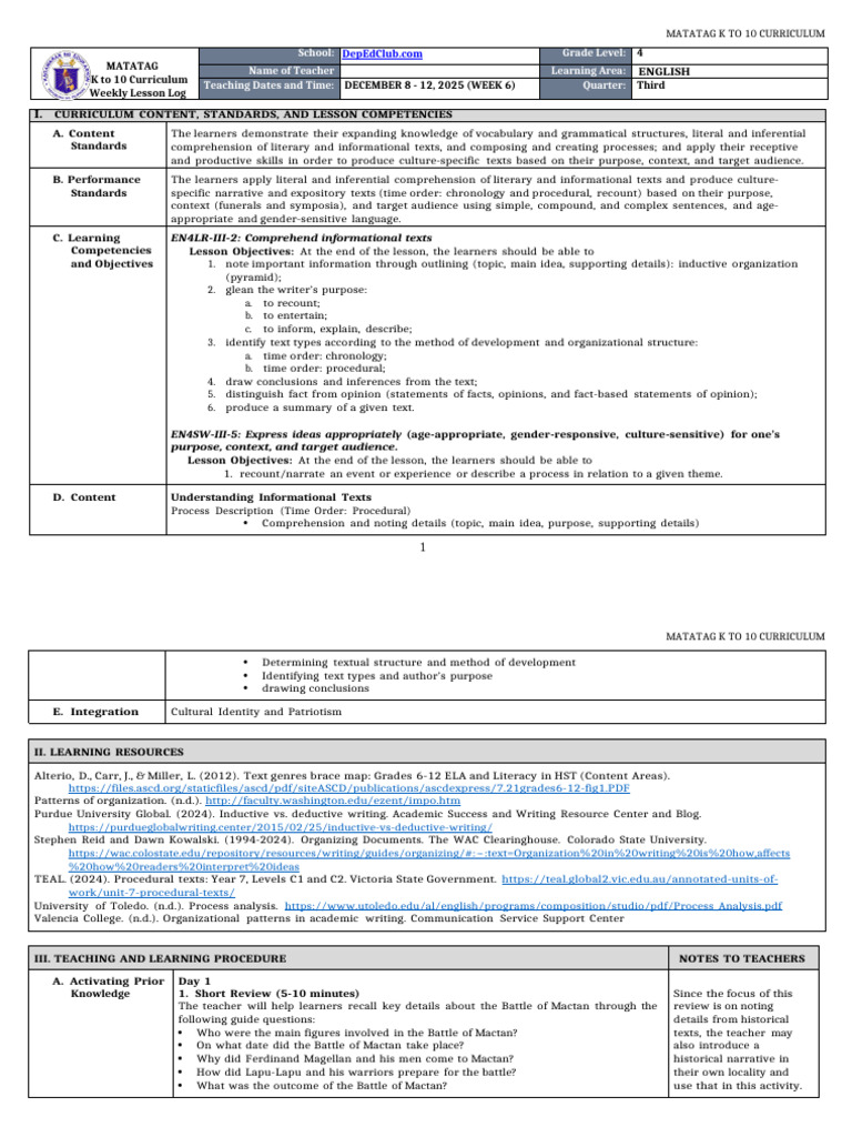 K-10 English Weekly Lesson Plan | PDF | Reading Comprehension | Curriculum