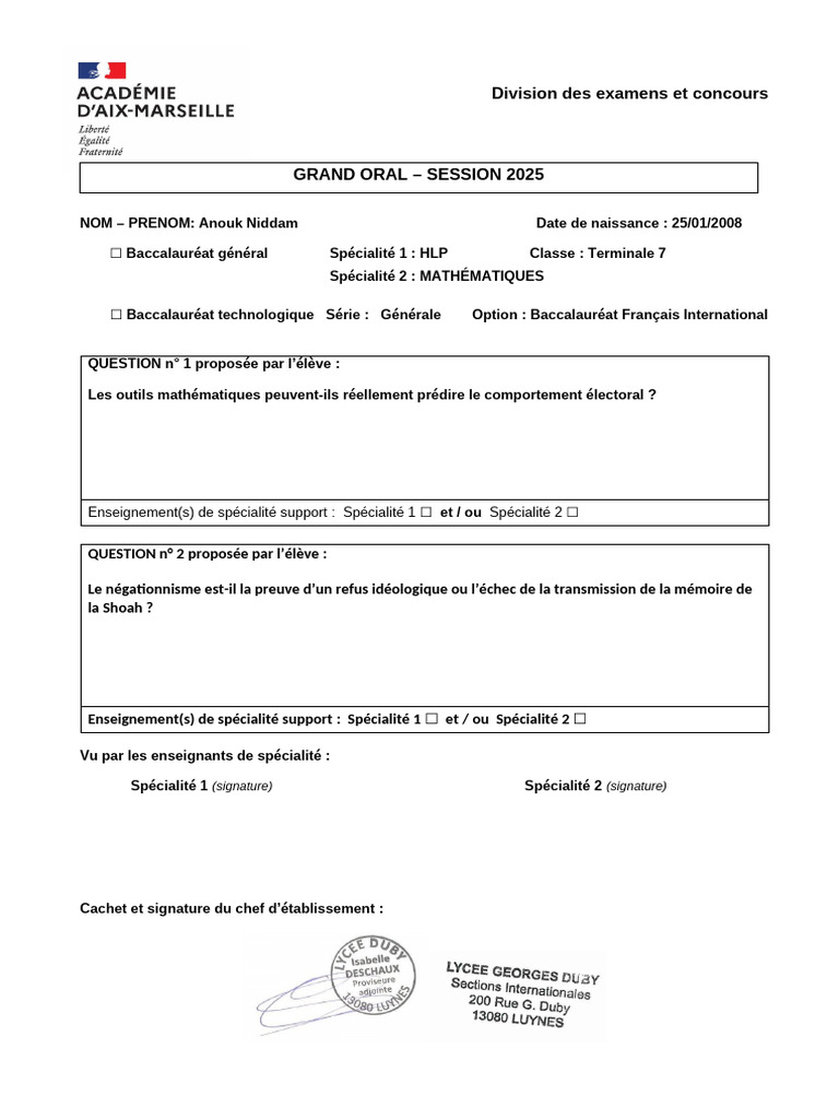 Questions pour le Grand Oral 2025 | PDF