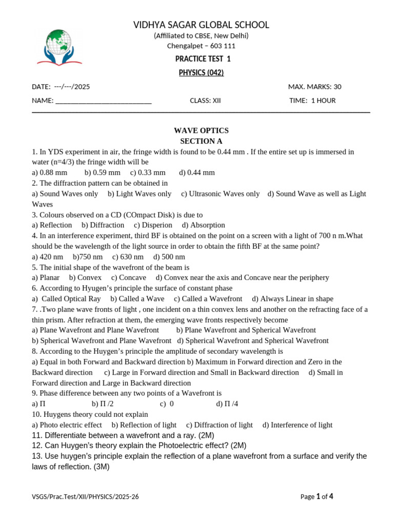 Wave Optics Practice Test for Class XII | PDF | Wavelength | Diffraction