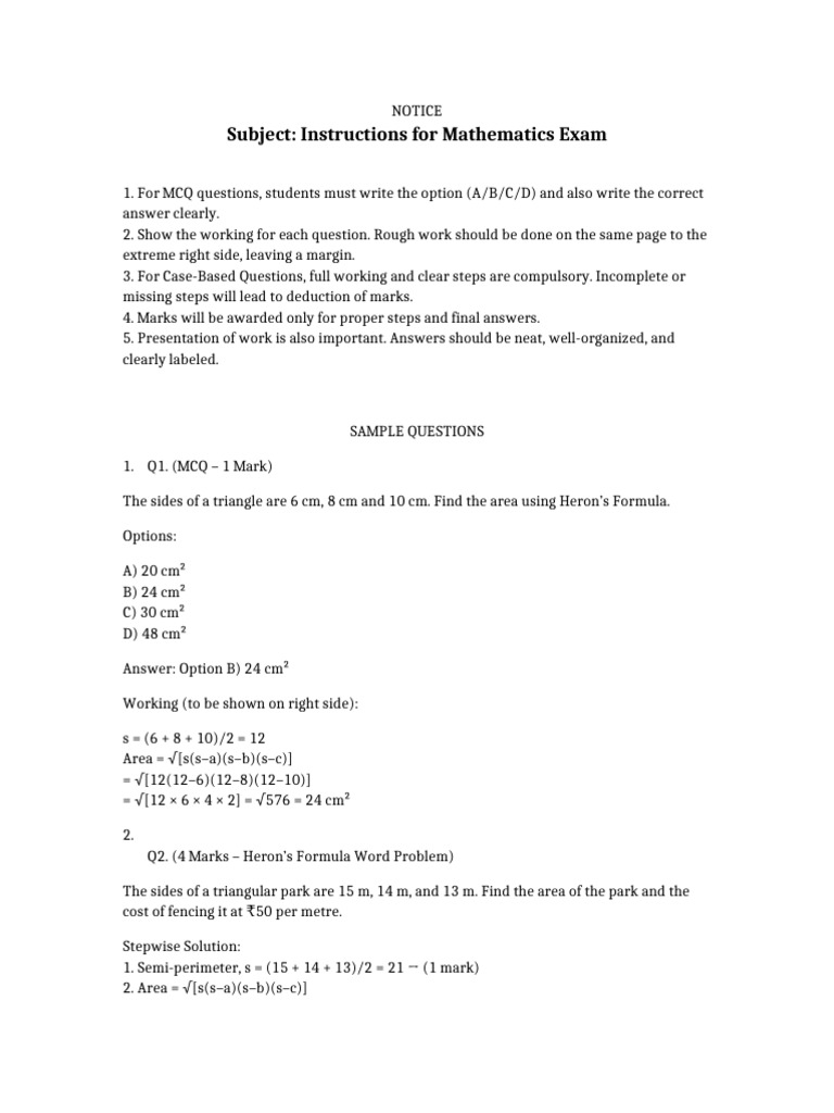 Math Exam Instructions and Sample Questions | PDF