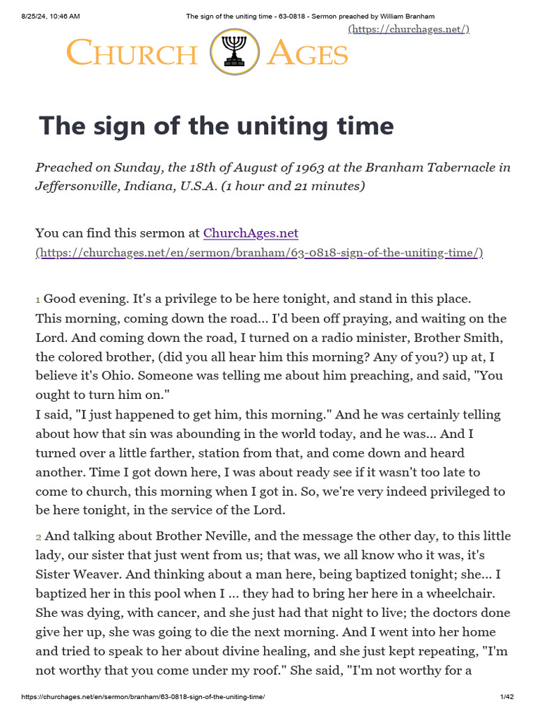 Sign of the Uniting Time Sermon 1963 | PDF | Jesus | Sermon