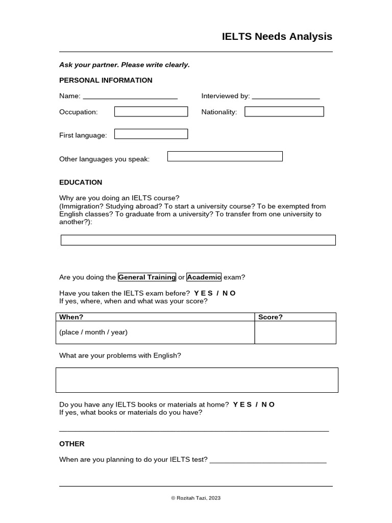 IELTS Needs Analysis Questionnaire | PDF