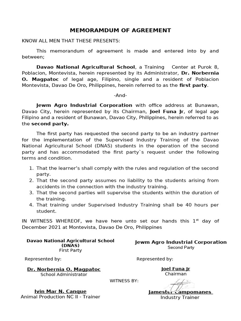 Ivin - Memoramdum of Agreement (Edited) | PDF
