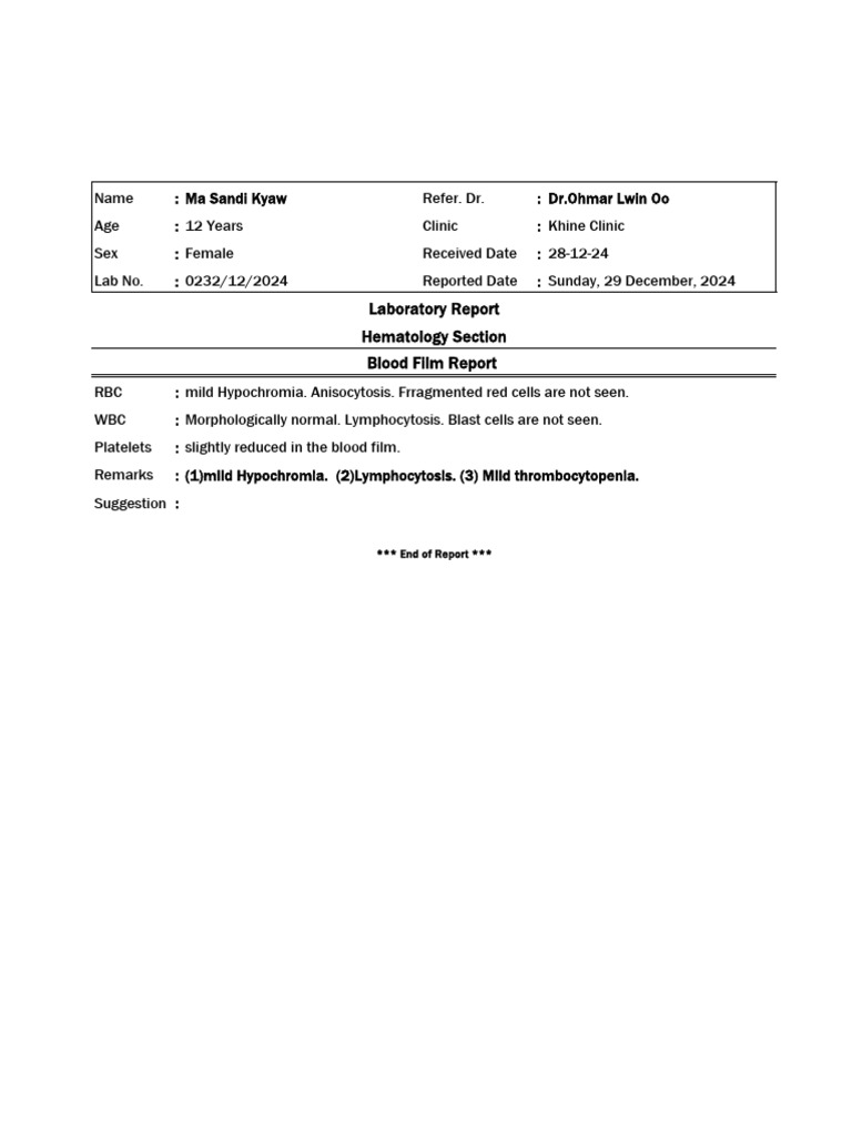 Pediatric Blood Test Report Summary | PDF