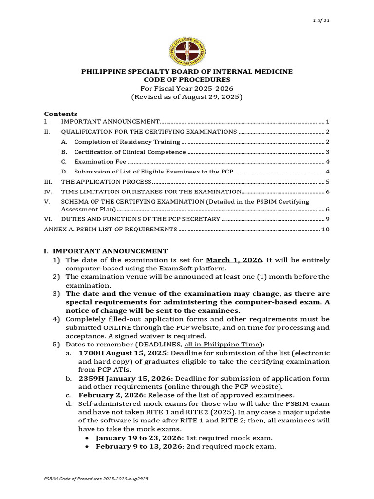 PSBIM Procedures for 2025-2026 Exam | PDF | Residency (Medicine ...