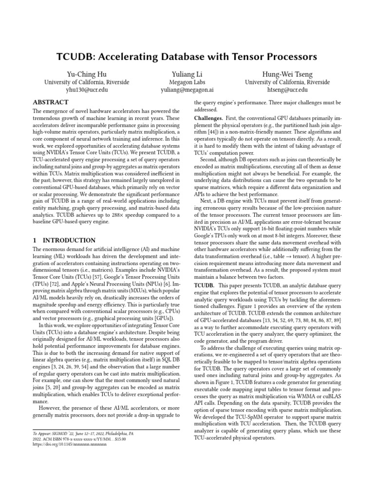TCUDB: Tensor Processor-Accelerated Database | PDF | Graphics ...