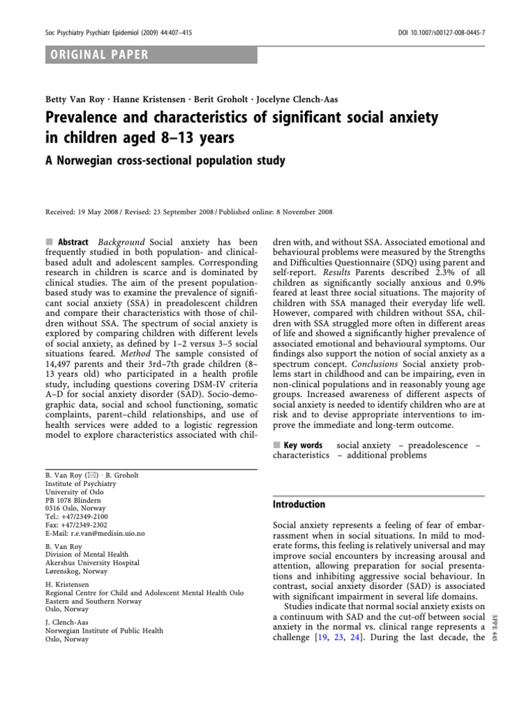Social Anxiety Prevalence in Children | PDF | Social Anxiety Disorder ...