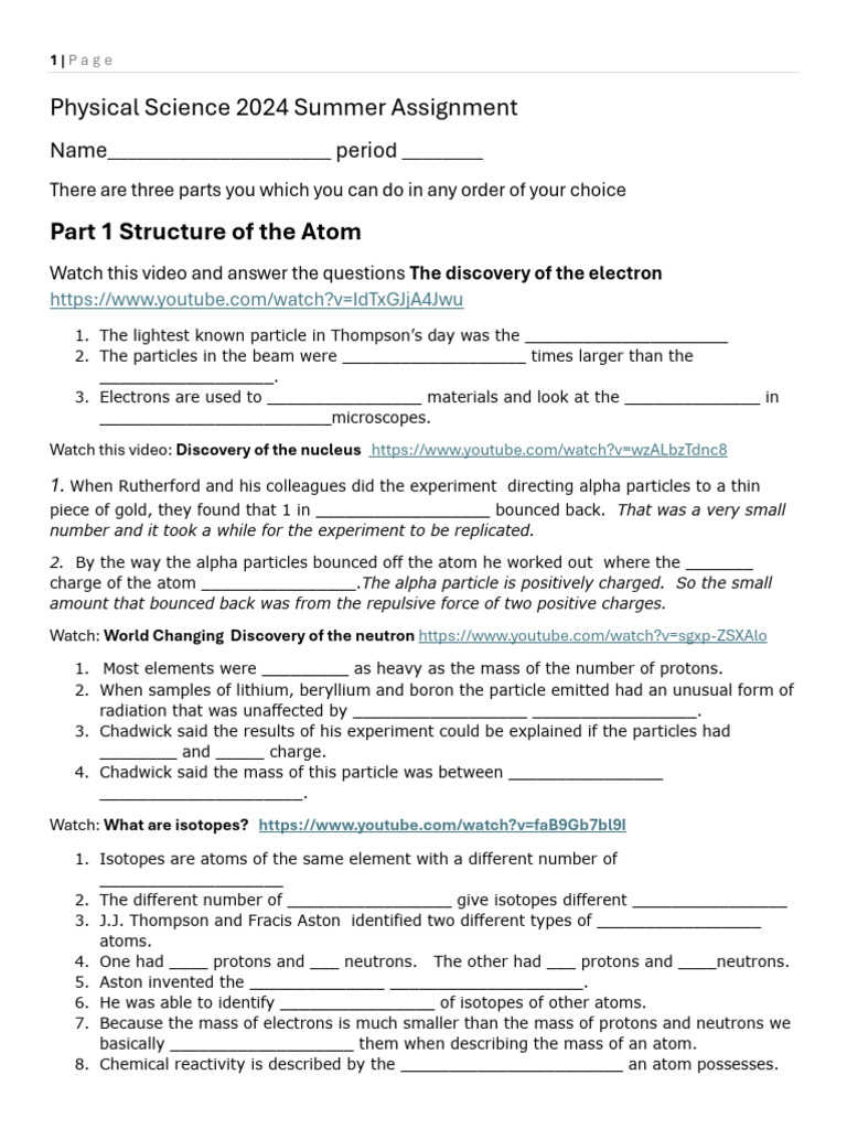 Physical Science Summer Work | PDF | Atoms | Neutron