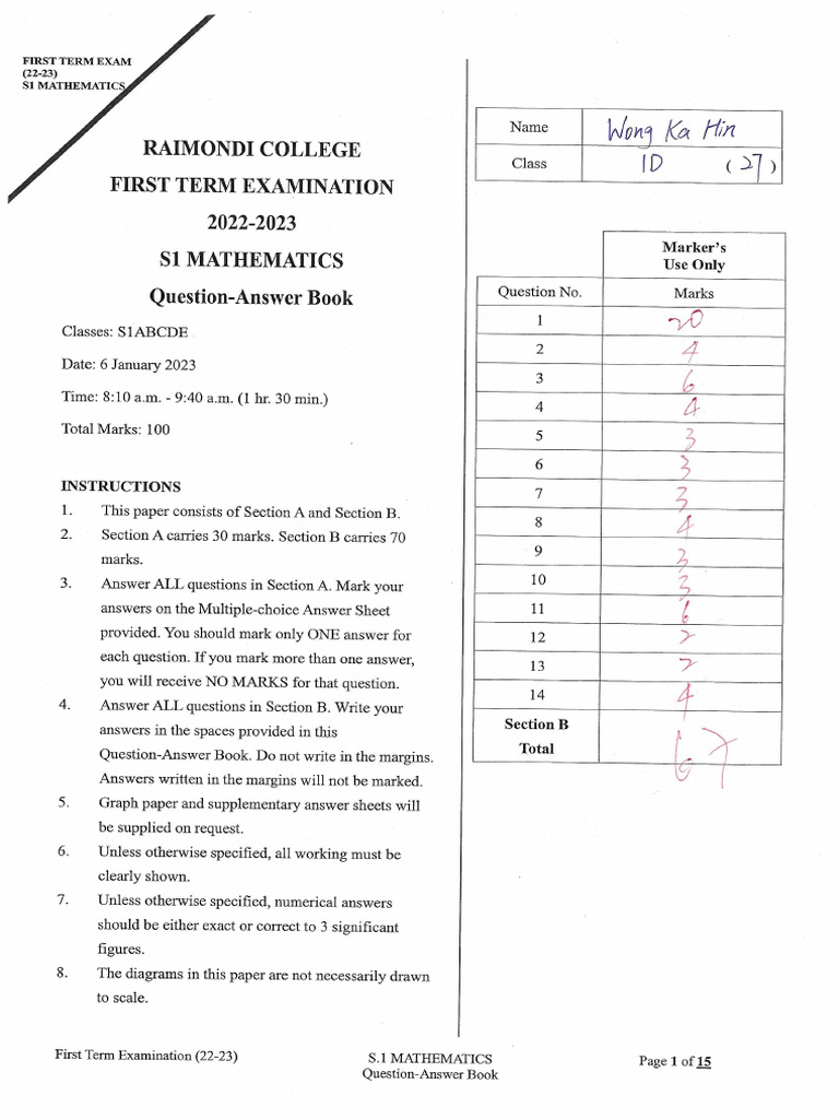 2223 S1 1st Term Maths Exam Question Answer Book | PDF