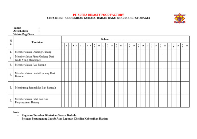 Checklist Kebersihan Cold Storage PT. Supra | PDF